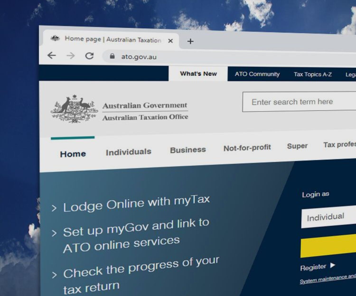 Screenshot of the ATO website on a blue background