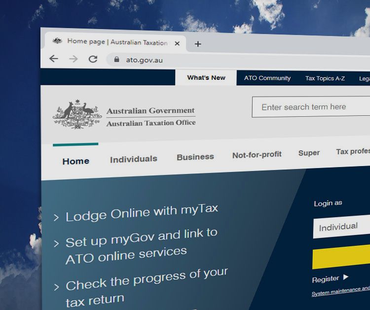 Screenshot of the ATO website on a blue background